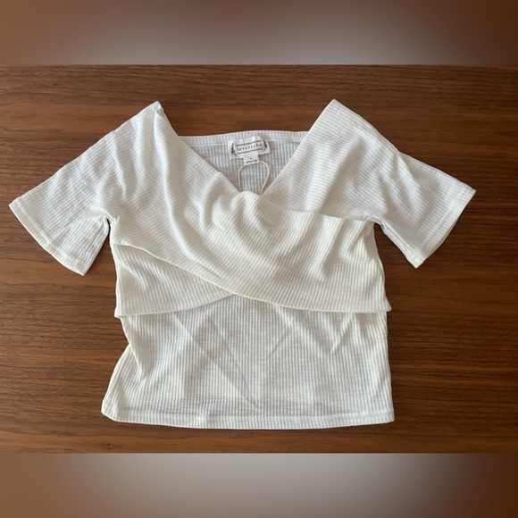 NWT Retro White Off Shoulder Criss Cross Crop Top, Size L - Picture 2 of 7